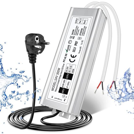 LED Trafo 24V 300W IP67, Outdoor Wasserdicht Transformator mit Stecker, Netzteil Treiber 230V auf DC 24 Volt Adapter, Driver Außen für LED-Streifen Lampen Strahler Lichtbänder