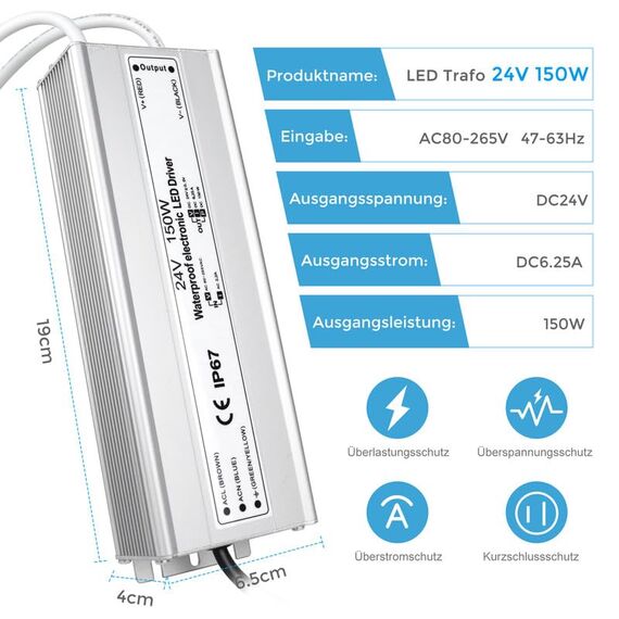 LED Trafo 24V 150W IP67 Wasserdicht Transformator mit Stecker, LED Netzteil Treiber 230V auf DC 24 Volt Adapter, Außen für LED-Streifen, Lampen, Strahler, Lichtbänder