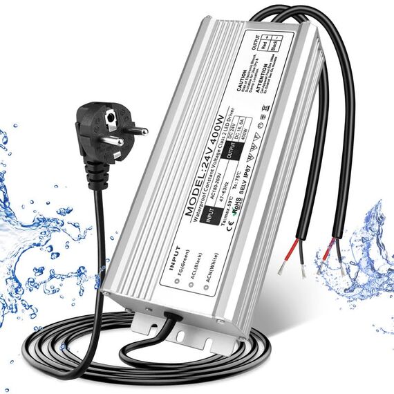 LED Trafo 24V 400W IP67, Outdoor Wasserdicht Transformator mit Stecker, LED Netzteil Treiber 230V auf DC 24 Volt Adapter, Driver Außen für LED-Streifen Lampen Strahler Lichtbänder