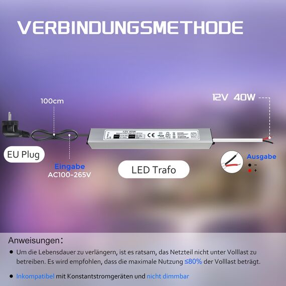 LED Trafo 12V 40W IP67 Wasserdicht Transformator mit Stecker, LED Netzteil Treiber 230V auf DC 12 Volt Adapter, Außen für LED-Streifen, Lampen, Strahler, Lichtbänder