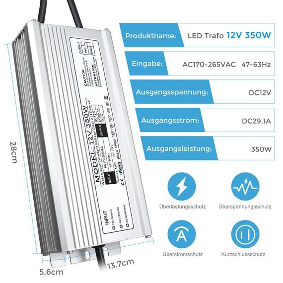 LED Trafo 12V 350W IP67 Outdoor Wasserdicht Netzteil 230V auf DC 12V Adapter für Streifenlampen