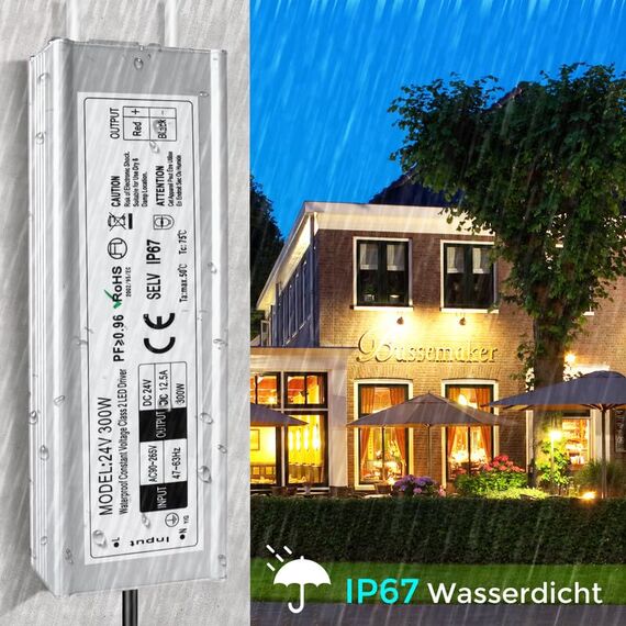 LED Trafo 24V 300W IP67, Outdoor Wasserdicht Transformator mit Stecker, Netzteil Treiber 230V auf DC 24 Volt Adapter, Driver Außen für LED-Streifen Lampen Strahler Lichtbänder