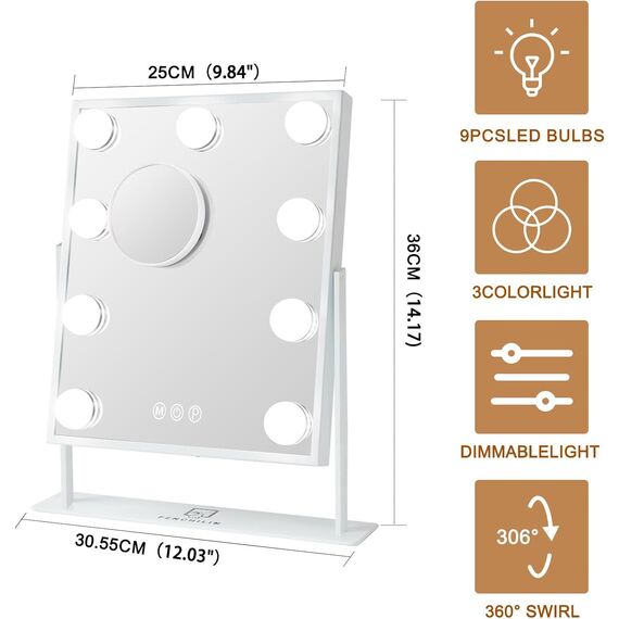 FENCHILIN Schminkspiegel mit Beleuchtung 9 dimmabare Lampen Beleuchteter Schminkspiegel Hollywood Spiegel mit Beleuchtun LED Lampen 360° Drehbar Schminkspigel mit Licht 3 Lichtfarben Weiß 25x30 cm