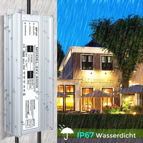 LED Trafo 24V 400W IP67, Outdoor Wasserdicht Transformator mit Stecker, LED Netzteil Treiber 230V auf DC 24 Volt Adapter, Driver Außen für LED-Streifen Lampen Strahler Lichtbänder
