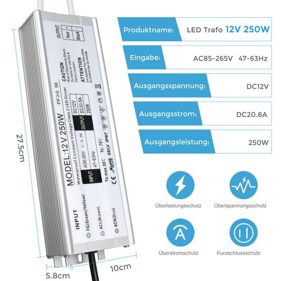 LED Trafo 12V 250W IP67, Outdoor Wasserdicht Transformator mit Stecker, Netzteil Treiber 230V auf DC 12 Volt Adapter, Driver Außen für LED-Streifen Lampen Strahler Lichtbänder