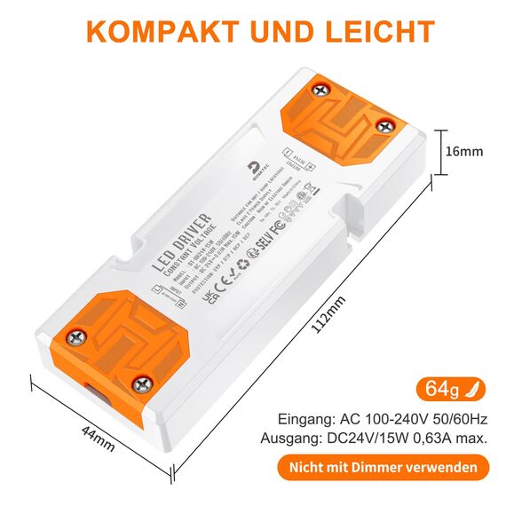 DUSKTEC LED Trafo 24V Flach, LED Netzteil 24V DC Driver Treiber 15W, Transformator 230V AC auf 24 Volt Gleichstrom, Niedervolt Power Supply Konstantspannungs für LED-lampen Streifen Spots