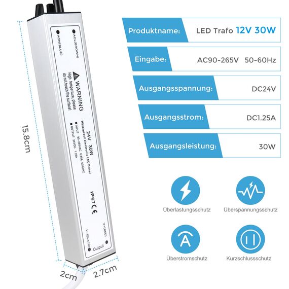 LED Trafo 24V 30W IP67, Outdoor Wasserdicht Transformator mit Stecker, LED Netzteil Treiber 230V auf DC 24 Volt Adapter, Driver Außen für LED-Streifen Lampen Strahler Lichtbänder