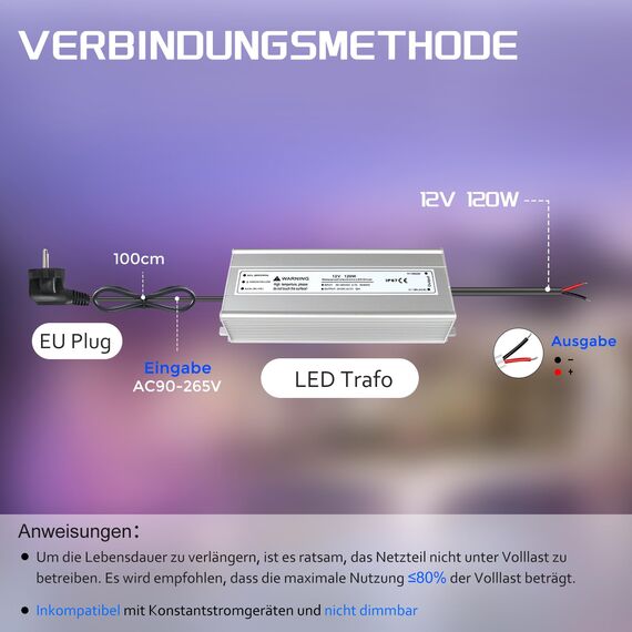 LED Trafo 12V 120W IP67, Outdoor Wasserdicht Transformator mit Stecker, LED Netzteil Treiber 230V auf DC 12 Volt Adapter, Driver Außen für LED-Streifen Lampen Strahler Lichtbänder