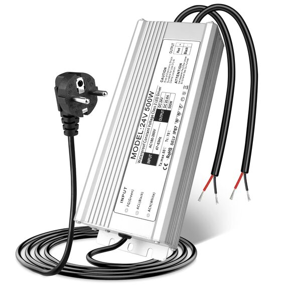 LED Trafo 24V 500W 20.83A IP67, Outdoor Wasserdicht Transformator mit Stecker, LED Netzteil Treiber 230V auf DC 24 Volt Adapter, Driver Außen für LED-Streifen Lampen Strahler Lichtbänder