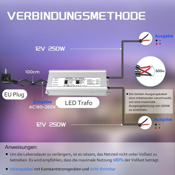 LED Trafo 12V 500W 41.6A IP67, Outdoor Wasserdicht Transformator mit Stecker, LED Netzteil Treiber 230V auf DC 12 Volt Adapter, Driver Außen für LED-Streifen Lampen Strahler Lichtbänder