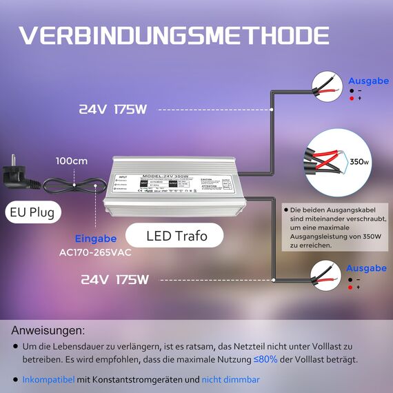 LightingWill LED Trafo 24V 350W IP67, Outdoor Wasserdicht Transformator mit Stecker, LED Netzteil Treiber 230V auf DC 24 Volt Adapter, LED Driver Außen für LED-Streifen Lampen Strahler Lichtbänder