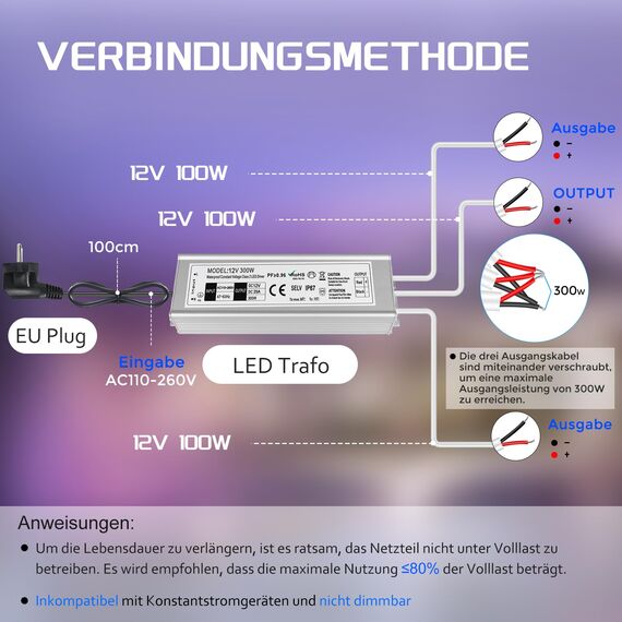 LightingWill Netzteil 12 V 25 A 300 W IP67, Trafo 220 V 12 V, wasserdicht, mit Stecker, Konverter AC 220 V auf DC 12 V, Trafo für Streifen, Lampen und Projektoren