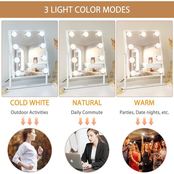 FENCHILIN Schminkspiegel mit Beleuchtung 9 dimmabare Lampen Beleuchteter Schminkspiegel Hollywood Spiegel mit Beleuchtun LED Lampen 360° Drehbar Schminkspigel mit Licht 3 Lichtfarben Weiß 25x30 cm