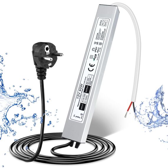LED Trafo 12V 40W IP67 Wasserdicht Transformator mit Stecker, LED Netzteil Treiber 230V auf DC 12 Volt Adapter, Außen für LED-Streifen, Lampen, Strahler, Lichtbänder