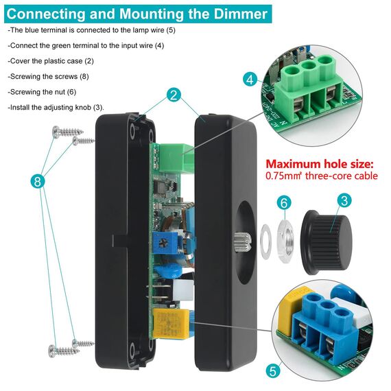 Aroidful Dimmer für LED Lampen 230v Schnurdimmer LED AC 220-240V/50HZ LED Phasenabschnittdimmschalter 3-100 W Dimmer Schalter für dimmbar Glühlampen und LED Lampen,Schwarz