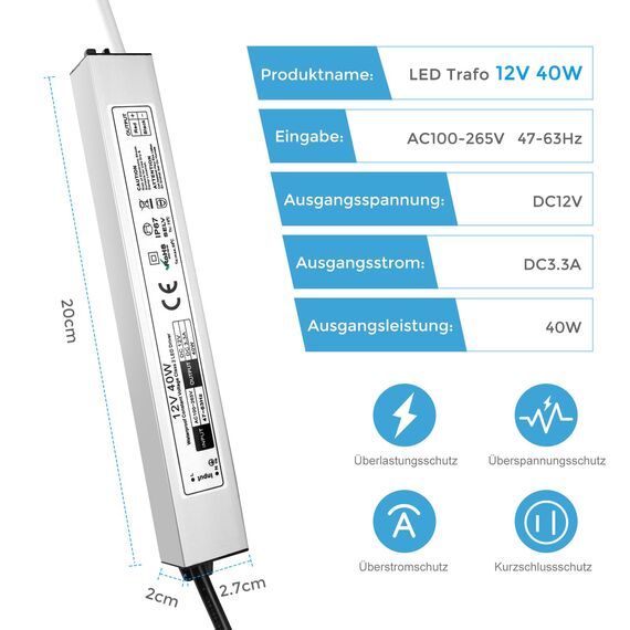 LED Trafo 12V 40W IP67 Wasserdicht Transformator mit Stecker, LED Netzteil Treiber 230V auf DC 12 Volt Adapter, Außen für LED-Streifen, Lampen, Strahler, Lichtbänder
