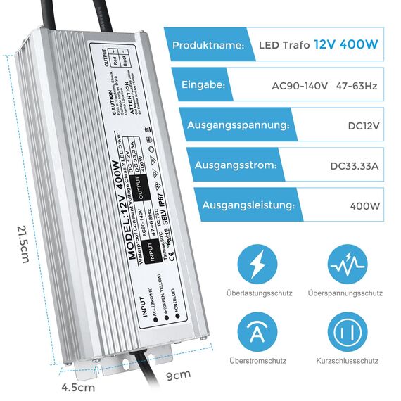 LightingWill Netzteil 12 V 33 A 400 W IP67, Trafo 220 V 12 V, wasserdicht, mit Stecker, Konverter AC 220 V auf DC 12 V, Trafo für Streifen, Lampen und Projektoren
