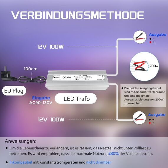 LED Trafo 12V 200W IP67, Outdoor Wasserdicht Transformator mit Stecker, Netzteil Treiber 230V auf DC 12 Volt Adapter, Driver Außen für LED-Streifen Lampen Strahler Lichtbänder