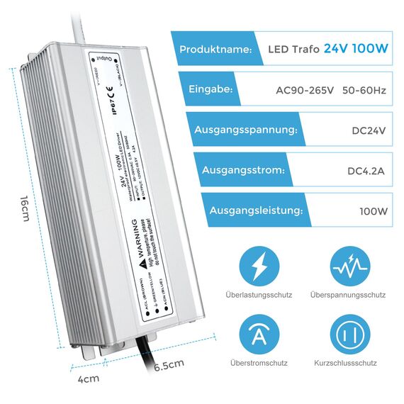 LED Trafo 24V 100W IP67, Outdoor Wasserdicht Transformator Mit Stecker, Netzteil Treiber 230V Auf DC 24 Volt Adapter, Driver Außen Für Streifen Lampen Strahler Lichtbänder