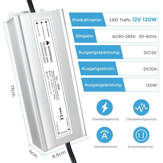LED Trafo 12V 120W IP67, Outdoor Wasserdicht Transformator mit Stecker, LED Netzteil Treiber 230V auf DC 12 Volt Adapter, Driver Außen für LED-Streifen Lampen Strahler Lichtbänder