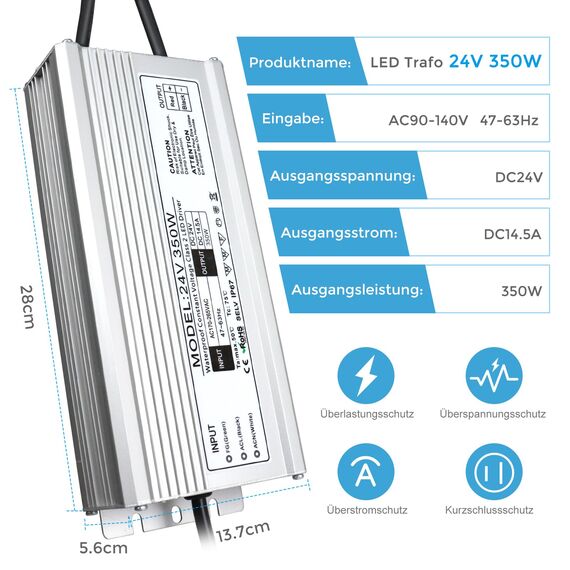 LightingWill LED Trafo 24V 350W IP67, Outdoor Wasserdicht Transformator mit Stecker, LED Netzteil Treiber 230V auf DC 24 Volt Adapter, LED Driver Außen für LED-Streifen Lampen Strahler Lichtbänder