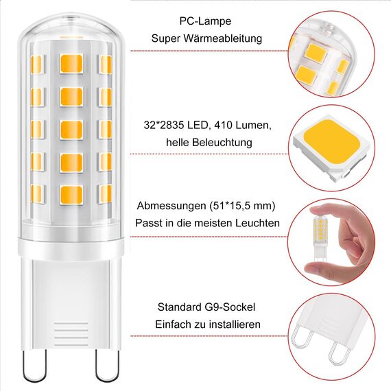 YzzYzz G9 LED Lampe Warmweiß - G9 LED 2700K 3W entspricht 40W Halogenlampe, Glühbirne 410 Lumen, Kein Flackern Lampen 360° Abstrahlwinkel, Nicht Dimmbar Leuchtmittel 2er Pack