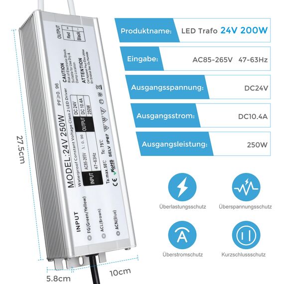LED Trafo 24V 250W IP67, Outdoor Wasserdicht Transformator mit Stecker, Netzteil Treiber 230V auf DC 24 Volt Adapter, Driver Außen für LED-Streifen Lampen Strahler Lichtbänder