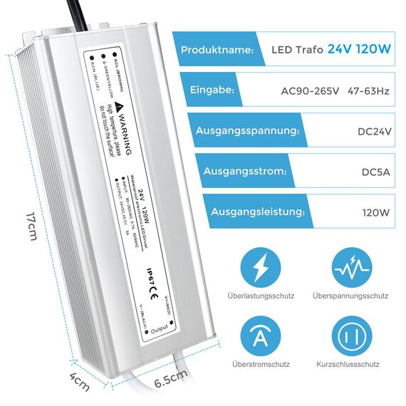 LED Trafo 24V 120W IP67, Outdoor Wasserdicht Transformator mit Stecker, LED Netzteil Treiber 230V auf DC 24 Volt Adapter, Driver Außen für LED-Streifen Lampen Strahler Lichtbänder