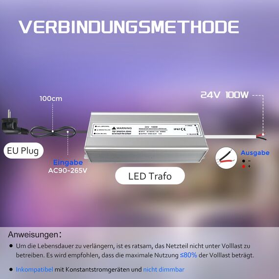 LED Trafo 24V 100W IP67, Outdoor Wasserdicht Transformator Mit Stecker, Netzteil Treiber 230V Auf DC 24 Volt Adapter, Driver Außen Für Streifen Lampen Strahler Lichtbänder