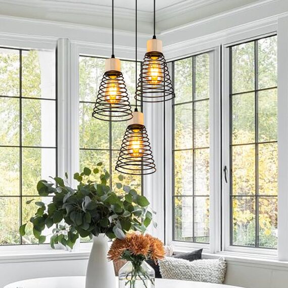 MAXDUYU 3 Flammen Pendelleuchte Vintage E27 Hängelampe Metall Holz Deckenleuchte Hängelampe Retro Lampenschirm Industrial für Esszimmer Flur Wohnzimmer Restaurant Keller,Schwarz