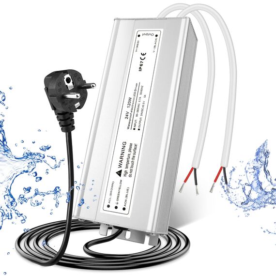 LED Trafo 24V 120W IP67, Outdoor Wasserdicht Transformator mit Stecker, LED Netzteil Treiber 230V auf DC 24 Volt Adapter, Driver Außen für LED-Streifen Lampen Strahler Lichtbänder