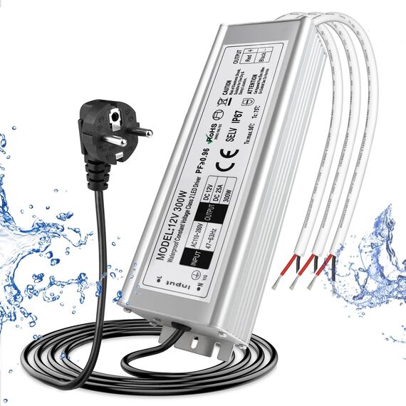 LightingWill Netzteil 12 V 25 A 300 W IP67, Trafo 220 V 12 V, wasserdicht, mit Stecker, Konverter AC 220 V auf DC 12 V, Trafo für Streifen, Lampen und Projektoren