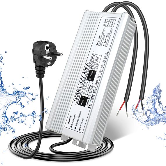 LightingWill Netzteil 12 V 33 A 400 W IP67, Trafo 220 V 12 V, wasserdicht, mit Stecker, Konverter AC 220 V auf DC 12 V, Trafo für Streifen, Lampen und Projektoren