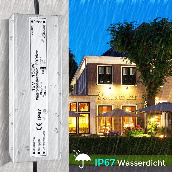 LightingWill LED Trafo 12V 150W IP67, Outdoor Wasserdicht Transformator mit Stecker, Netzteil für LED Streifen Lampen Strahler Lichtbänder