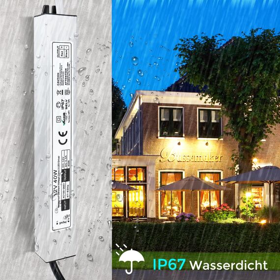 LED Trafo 12V 40W IP67 Wasserdicht Transformator mit Stecker, LED Netzteil Treiber 230V auf DC 12 Volt Adapter, Außen für LED-Streifen, Lampen, Strahler, Lichtbänder