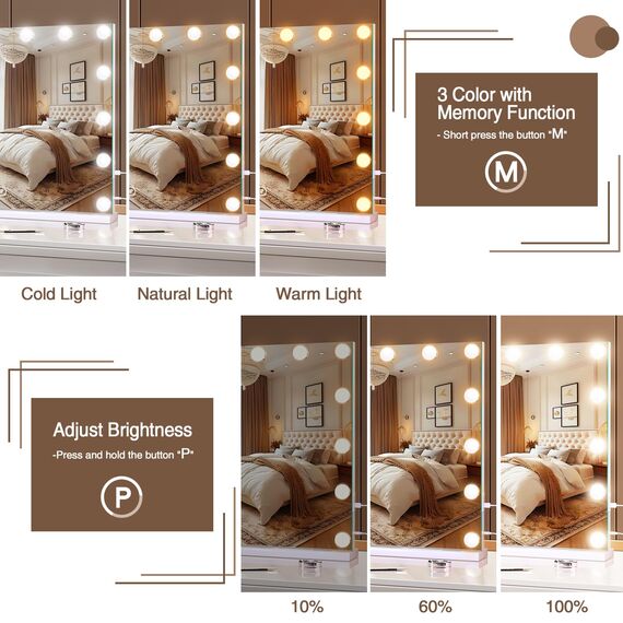 halumao Schminkspiegel mit Beleuchtung, 58 x 48 cm Hollywood schminktisch Spiegel mit 15 Lampen, 3 Modi Tischspiegel mit Touch-Schalter USB-Ladeanschluss