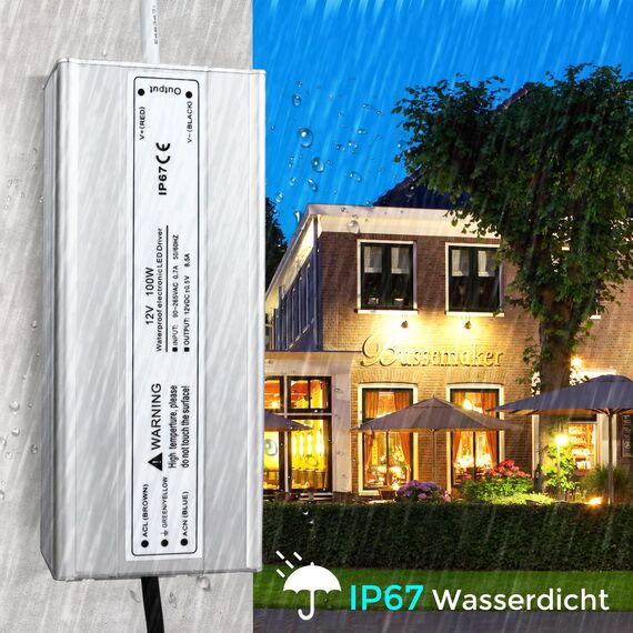 LightingWill LED Trafo 12V 100W IP67, Outdoor Wasserdicht Transformator mit Stecker, Netzteil für LED Streifen Lampen Strahler Lichtbänder