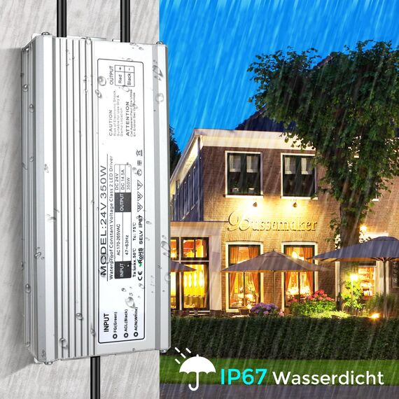LightingWill LED Trafo 24V 350W IP67, Outdoor Wasserdicht Transformator mit Stecker, LED Netzteil Treiber 230V auf DC 24 Volt Adapter, LED Driver Außen für LED-Streifen Lampen Strahler Lichtbänder