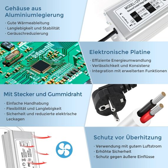 LightingWill Netzteil 12 V 25 A 300 W IP67, Trafo 220 V 12 V, wasserdicht, mit Stecker, Konverter AC 220 V auf DC 12 V, Trafo für Streifen, Lampen und Projektoren