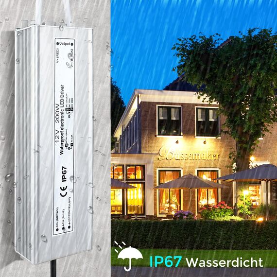 LED Trafo 12V 200W IP67, Outdoor Wasserdicht Transformator mit Stecker, Netzteil Treiber 230V auf DC 12 Volt Adapter, Driver Außen für LED-Streifen Lampen Strahler Lichtbänder