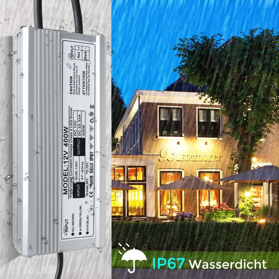 LightingWill Netzteil 12 V 33 A 400 W IP67, Trafo 220 V 12 V, wasserdicht, mit Stecker, Konverter AC 220 V auf DC 12 V, Trafo für Streifen, Lampen und Projektoren