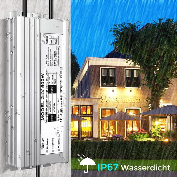 LED Trafo 24V 500W 20.83A IP67, Outdoor Wasserdicht Transformator mit Stecker, LED Netzteil Treiber 230V auf DC 24 Volt Adapter, Driver Außen für LED-Streifen Lampen Strahler Lichtbänder