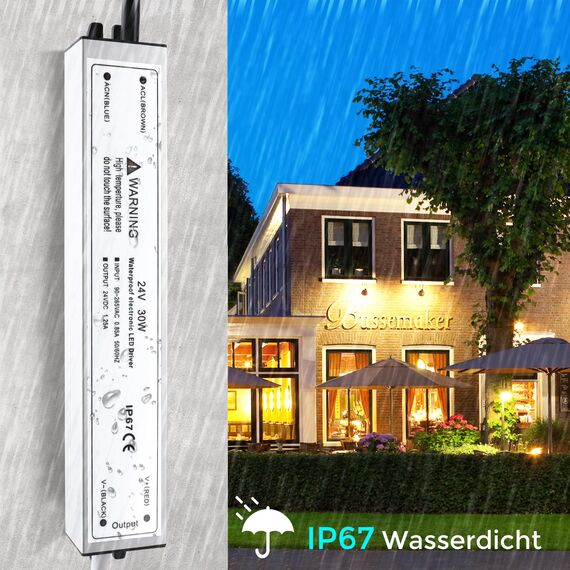 LED Trafo 24V 30W IP67, Outdoor Wasserdicht Transformator mit Stecker, LED Netzteil Treiber 230V auf DC 24 Volt Adapter, Driver Außen für LED-Streifen Lampen Strahler Lichtbänder