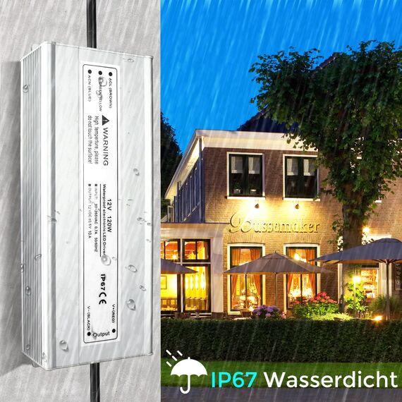 LED Trafo 12V 120W IP67, Outdoor Wasserdicht Transformator mit Stecker, LED Netzteil Treiber 230V auf DC 12 Volt Adapter, Driver Außen für LED-Streifen Lampen Strahler Lichtbänder