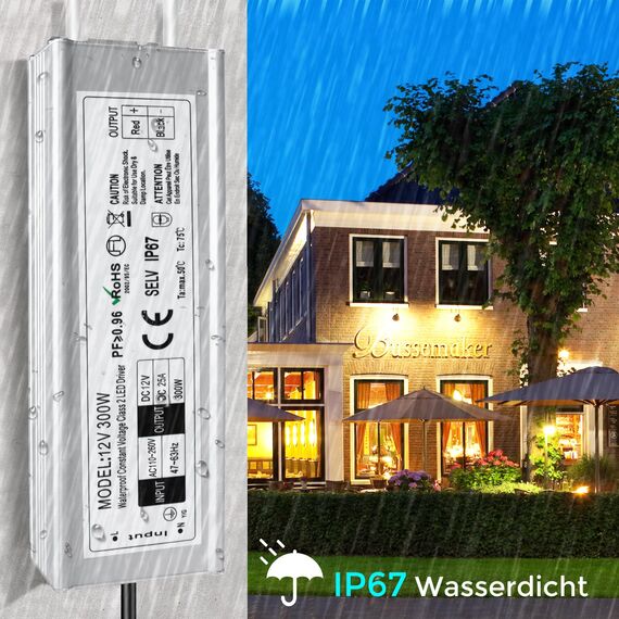 LightingWill Netzteil 12 V 25 A 300 W IP67, Trafo 220 V 12 V, wasserdicht, mit Stecker, Konverter AC 220 V auf DC 12 V, Trafo für Streifen, Lampen und Projektoren