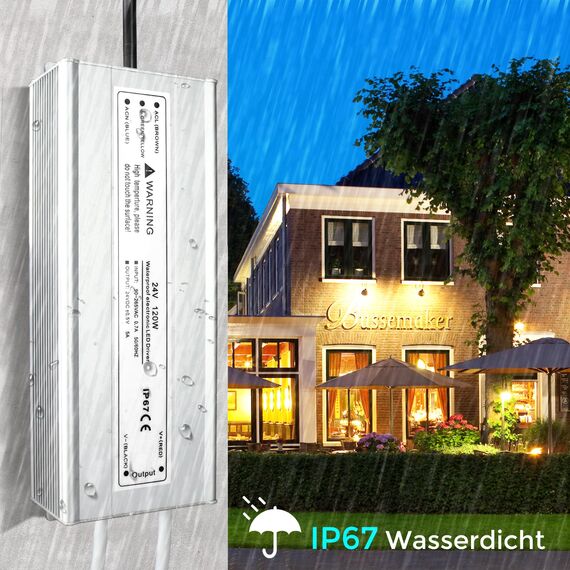 LED Trafo 24V 120W IP67, Outdoor Wasserdicht Transformator mit Stecker, LED Netzteil Treiber 230V auf DC 24 Volt Adapter, Driver Außen für LED-Streifen Lampen Strahler Lichtbänder