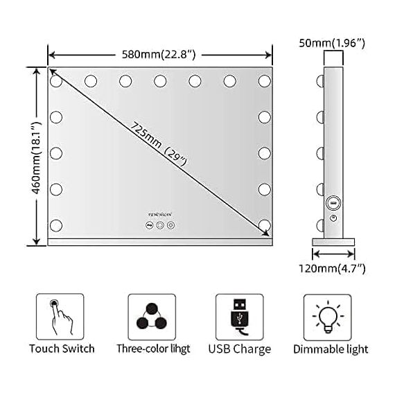 FENCHILIN Hollywood Spiegel mit Beleuchtung USB-C Ausgang Schminkspiegel mit Beleuchtung mit 15 dimmbare LED Lampen 3 Lichtmodus und einstellbare Helligkeit Hollywood Spiegel 58x46 cm Black