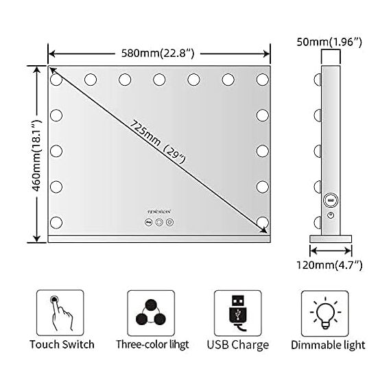 FENCHILIN Hollywood Schminkspiegel mit USB Type C Ausgangsanschluss, 3 Modi Einstellbarer Helligkeitsspiegel, Hollywood Spiegel mit Beleuchtung 15 LED Lampen Tisch Schminkspiegel