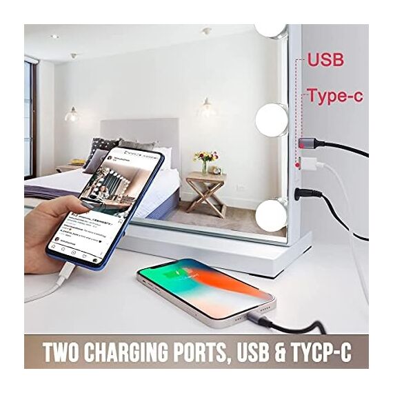 FENCHILIN Hollywood Schminkspiegel mit USB Type C Ausgangsanschluss, 3 Modi Einstellbarer Helligkeitsspiegel, Hollywood Spiegel mit Beleuchtung 15 LED Lampen Tisch Schminkspiegel