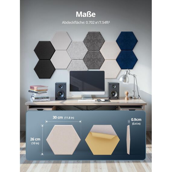 Hexagon Akustikplatten, 12 Stück Schallabsorber für Tonstudio, Wohnzimmer, Gaming Deko, Kinderzimmer, Buero, Wand, Decken, Türen Akustikpaneele Selbstklebend, 30 x 26 x 0,9cm, Beige